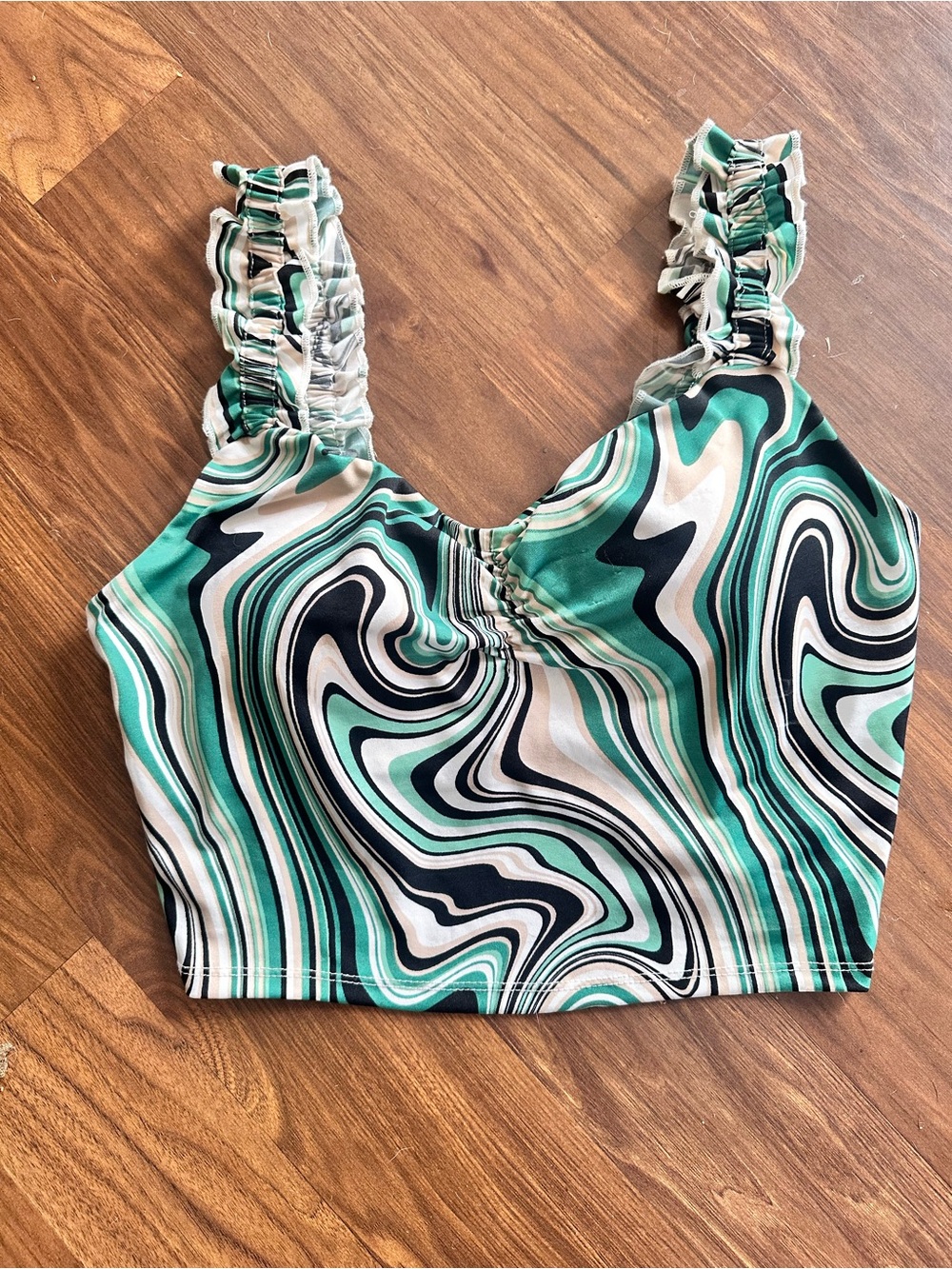 Haute Monde Green Swirl Ruched padded Crop Top